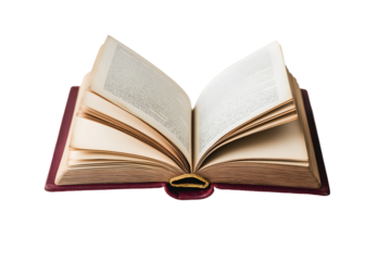 A worn maroon leather-bound book with gold lettering on the spine, open to a random page, isolated on white background 