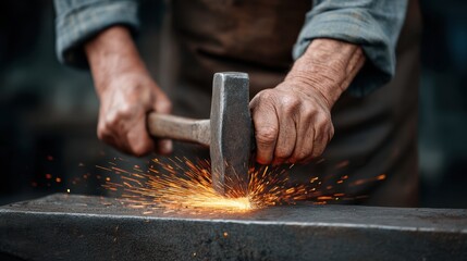 Skilled Blacksmith at Work Forging Hot Steel, Creating Vibrant Sparks in a Traditional Workshop Setting