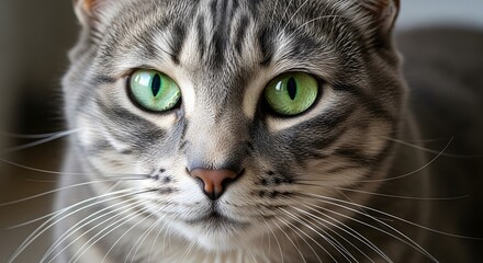 Close up portrait of a tabby cat with striking green eyes divided by color and monochrome tones