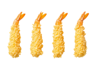Four crispy fried shrimp tempura pieces isolated on transparent background