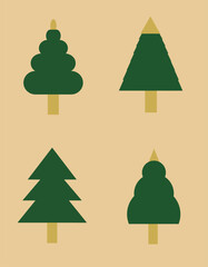 A collection of minimalistic abstract Christmas trees. Simple geometric shapes, soft pastel colors, and a clear composition. Suitable for Christmas cards, packaging, templates, and decor.
