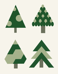 A collection of minimalistic abstract Christmas trees. Simple geometric shapes, soft pastel colors, and a clear composition. Suitable for Christmas cards, packaging, templates, and decor.