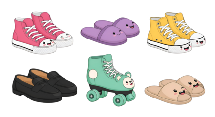 Collection of various footwear including sneakers, slippers, loafers, and roller skates, isolated on transparent background