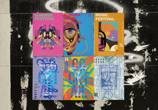 six Blank Posters are stuck on a textured wall in an urban setting in London.