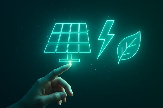 Hand touching glowing solar panel, lightning bolt, and leaf icons for clean energy concept - Powered by Adobe