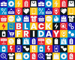 Clean seamless pattern with large “BLACK FRIDAY” letters integrated into a grid of sale icons. Minimal yet expressive layout perfect for modern packaging, banners, and posters.
