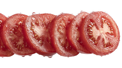 Freshly sliced tomatoes arranged in a vibrant display showcasing juicy flesh and visible seeds isolated on transparent background