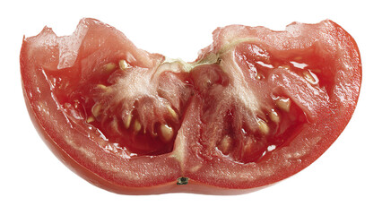 Freshly sliced red tomato showcasing juicy flesh and seeds perfect for salad or sandwiches isolated on transparent background