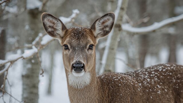 Closeup of a white-tailed deer on snow background, nature, tree, winter, snow, forest, white, animal, deer, mammal