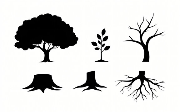 Tree Growth Stages Vector Illustration Lifecycle Seedling Mature Plant Stump Root System Silhouette Nature Icon Sign Deciduous Forest Symbol