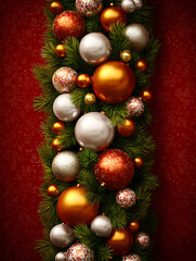Elegant red Christmas composition with golden baubles and pine leaves, perfect for holiday greeting cards or festive posters