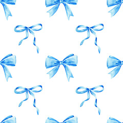 Watercolor blue bow and satin ribbon seamless pattern for birthday, wedding, and holiday designs.