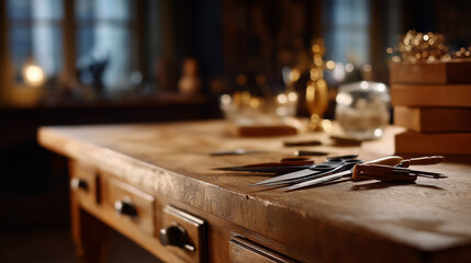 Wooden desk with retro design tools no faces visible vintage workspace classic desk retro aesthetic traditional tools timeless design wooden surface nostalgic setup desk