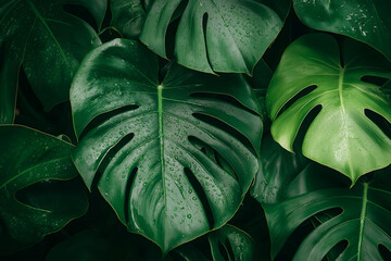 Fototapeta premium Close-up shot of lush green Monstera leaves covered with water droplets. The rich texture, deep green hues, and glossy surface evoke freshness, tropical nature, and relaxation