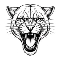 Obraz premium A black and white illustration of a snarling cougar head, showing its teeth.