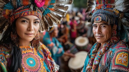 Multigenerational families in traditional attire wearing colorful clothing and feathers and playing drums portrait