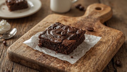 Fototapeta premium Chocolate brownie food, chocolate, background, wood, cake, breakfast, dessert, baked, biscuit, cocoa