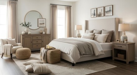 Fototapeta premium Elegant Interior Bedroom Scene with Furniture and Neutral Tones Ambiance