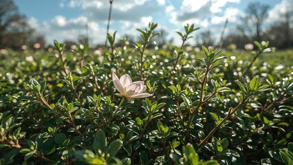 Small green leaves and a white flower growing in the garden background, summer, nature, leaf, beauty, plant