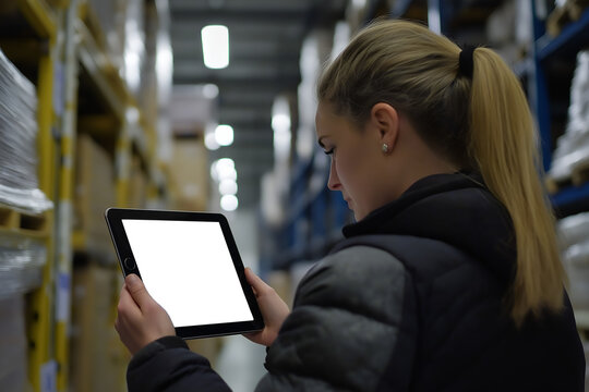 Rear view of a female warehouse worker holding a tablet with blank white screen while checking stock shelves. Represents logistics, technology integration, and digital warehouse management in modern i - Powered by Adobe