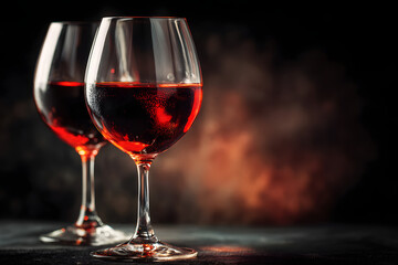 Naklejka premium Red wine in a glass on dark red and black background. Wineglasses. Romantic drink for party, wine shop or wine tasting concept. Hard light. Copy space