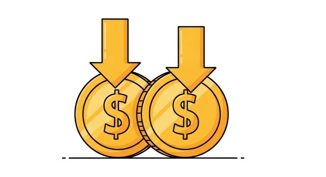 Flat Illustration Finance Coin Currency with Downward Arrow Showing Value Decreasing