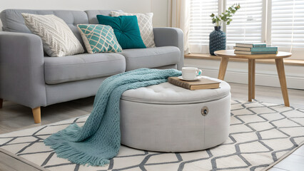 Felt storage ottoman with green knitted throw on geometric rug in a bright Scandinavian minimalist living room, featuring soft gray sofa, decorative pillows and natural light atmosphere.
