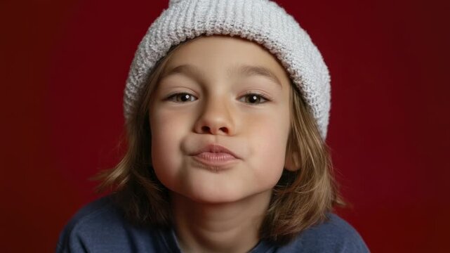 Child in a grey knit beanie and blue top makes a playful puckered lip expression against a dark red background