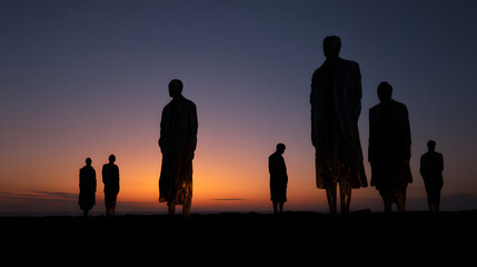 Somber Silhouettes of Figures with Obscured Faces Against a Vibrant Sunset Sky