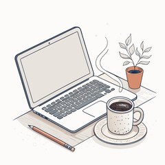 Minimalist workspace with a laptop and a cup of coffee, A concept of a clean home office, Line art vector illustration - Generative AI