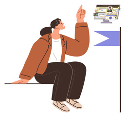 Woman sitting on a ledge, pointing upward toward a digital screen with charts and visuals beside a flag. Ideal for innovation, goal setting, leadership, achievement, success, visualization, focus