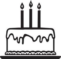 Birthday cake silhouette — black and white illustration of layered cake with icing, three lit candles, and festive symbolism
