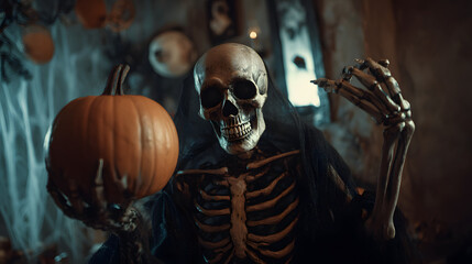 Skeleton in Black Costume Holding Jack-O'-Lantern Surrounded by Spooky Halloween Decor