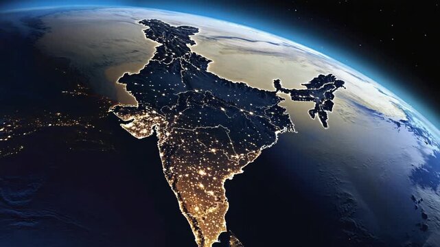 India map from space at the night orbit in video