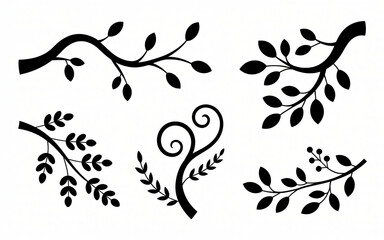 Collection of Silhouette Branch with Leaves Vector Botanical Illustration Plant Decor Elements Isolated on White Background Shape Design