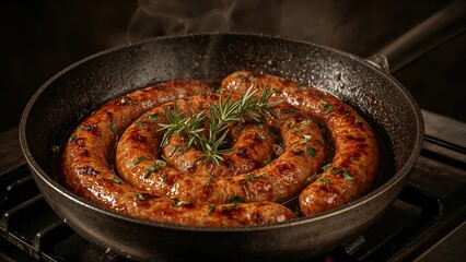 Fototapeta premium Grilled sausages with herbs are fried in a frying pan. High-quality photo