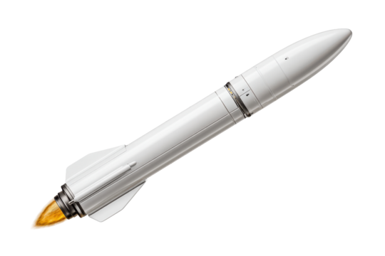 White rocket with orange flame exhaust against black background missile space, Png, Isolated on Transparent Background, Cut Out