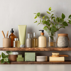 Eco-Friendly Refillable Skincare Products Displayed on Natural Wood Shelf with Greenery Background