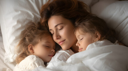 Peaceful Moment of a Loving Mother Sleeping with Her Two Little Children in a Cozy Bed
