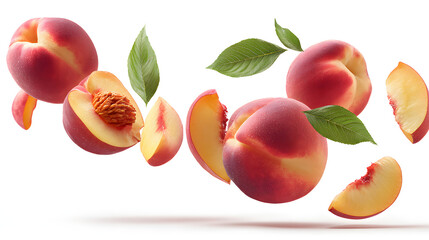 Fresh peach fruit with pit and green leaves close up.

Ripe peaches and slices isolated on white background