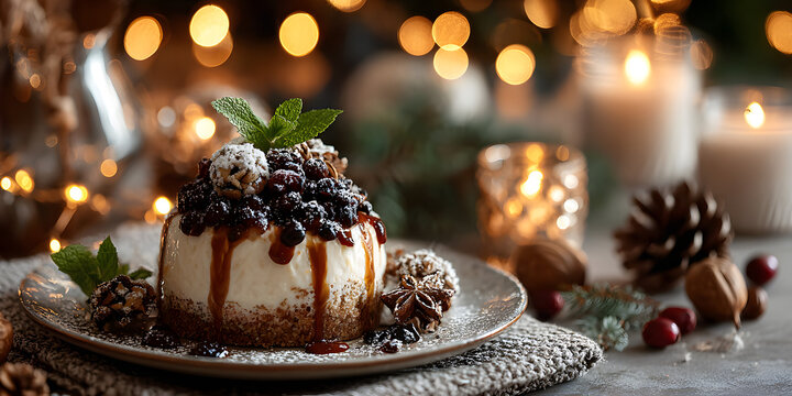 Elegant Christmas dinner setup with plate of festive dessert, surrounded by decorations and bokeh lights
