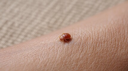Close-up of a small insect visible on a human leg, representing a fresh bed bug bite, highlighting the tiny pest's details and potential impact on skin.