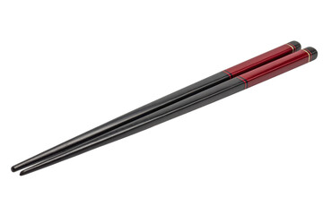Pair of black and red lacquered chopsticks with gold bands on black utensil eating, Png, Isolated on Transparent Background, Cut Out