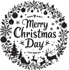 Merry Christmas Day wreath — black and white circular silhouette with festive icons, Santa sleigh, reindeer, and holiday text