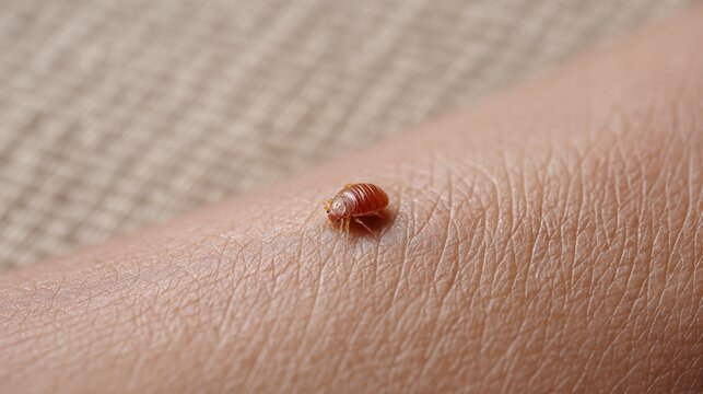 Close-up of a small insect visible on a human leg, representing a fresh bed bug bite, highlighting the tiny pest's details and potential impact on skin.
