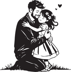 Father and daughter silhouette — black and white illustration of warm embrace with hearts symbolizing love, family, and bonding