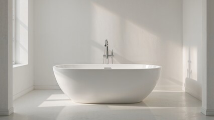 Fototapeta premium Modern white bathtub in a bright, minimalist bathroom setting with natural light.