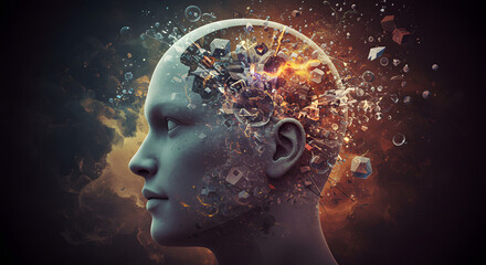 Abstract explosion of geometric shapes and light bursts from a translucent human head symbolizing creativity, innovation, and breakthrough thinking.