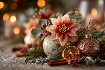 Christmas baubles with flowers on the christmas table. 