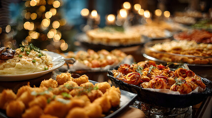 Christmas dinner table full of dishes with food and snacks, New Year's decor with a Christmas tree in the background. Buffet or catering concept.